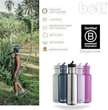 onegreenbottle BOTL – Tough Canteen Water Bottle with Leakproof Straw Lid, Stainless Steel Water Canteen, Non-Insulated, Eco Sports Bottle, 800ml, HAZE