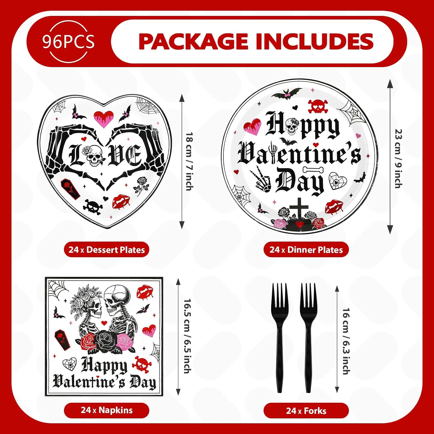 96Pcs Valentine's Day Party Supplies Romantic Gothic Heart Love Plates and Napkins Happy Valentine Day Tableware Set for Gothic Valentines Day Wedding Anniversary Party Supplies Serves 24