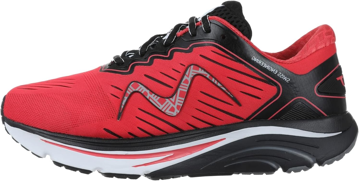 Side view of MBT 2000 II Lace Up Running Shoe in red, showcasing the sole and upper design.