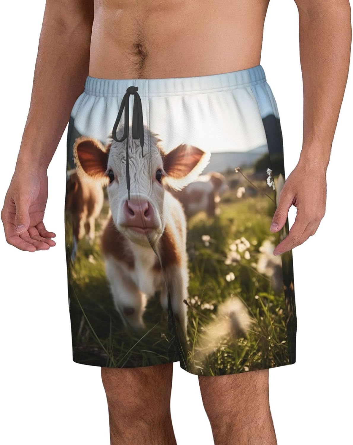 Cute Cow Print Mens Casual Shorts Drawstring Summer Beach Stretch Shorts Novelty Swimtrunks