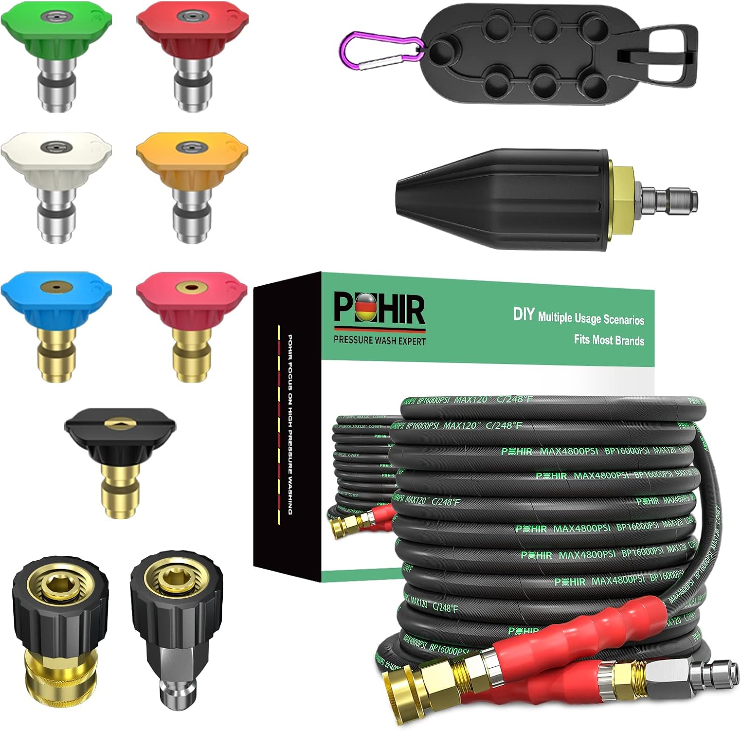 3/8" Pressure Washer Hose 50 FT Turbo Nozzle 4000 for Cold and Hot Water Max 248°F with Quick Connect, 4800psi Kink Resistant Industry Grade Steel Wire Braided Synthetic Rubber Jacket with 2 M22 14mm