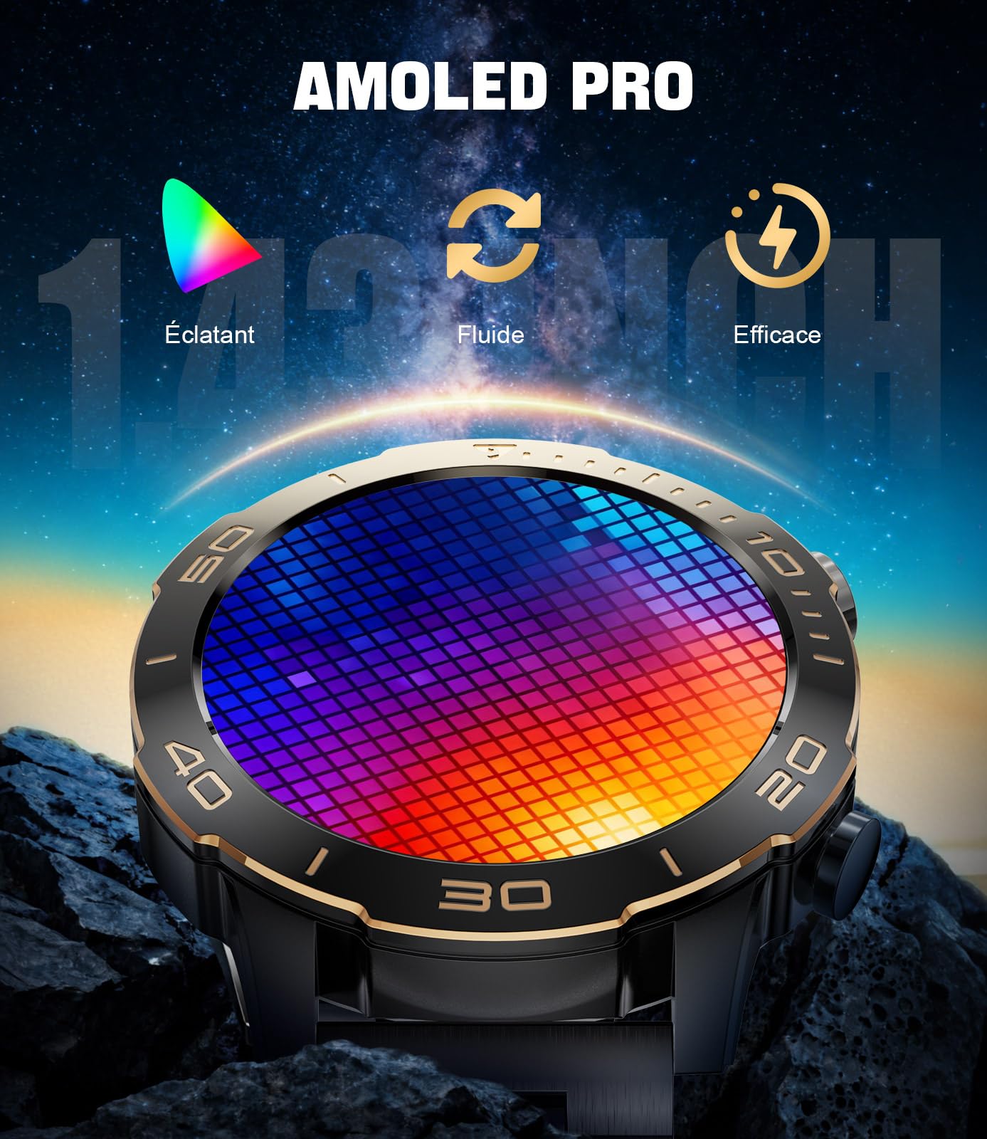 Montre Connectée Homme Militaire, Appel Bluetooth Smartwatch avec 1.43"AMOLED Écran/800 Batterie, 170+Modes Sportifs, IP68 Étanche Fréquence Cardiaque/Suivi du Sommeil pour Android iOS, Noir