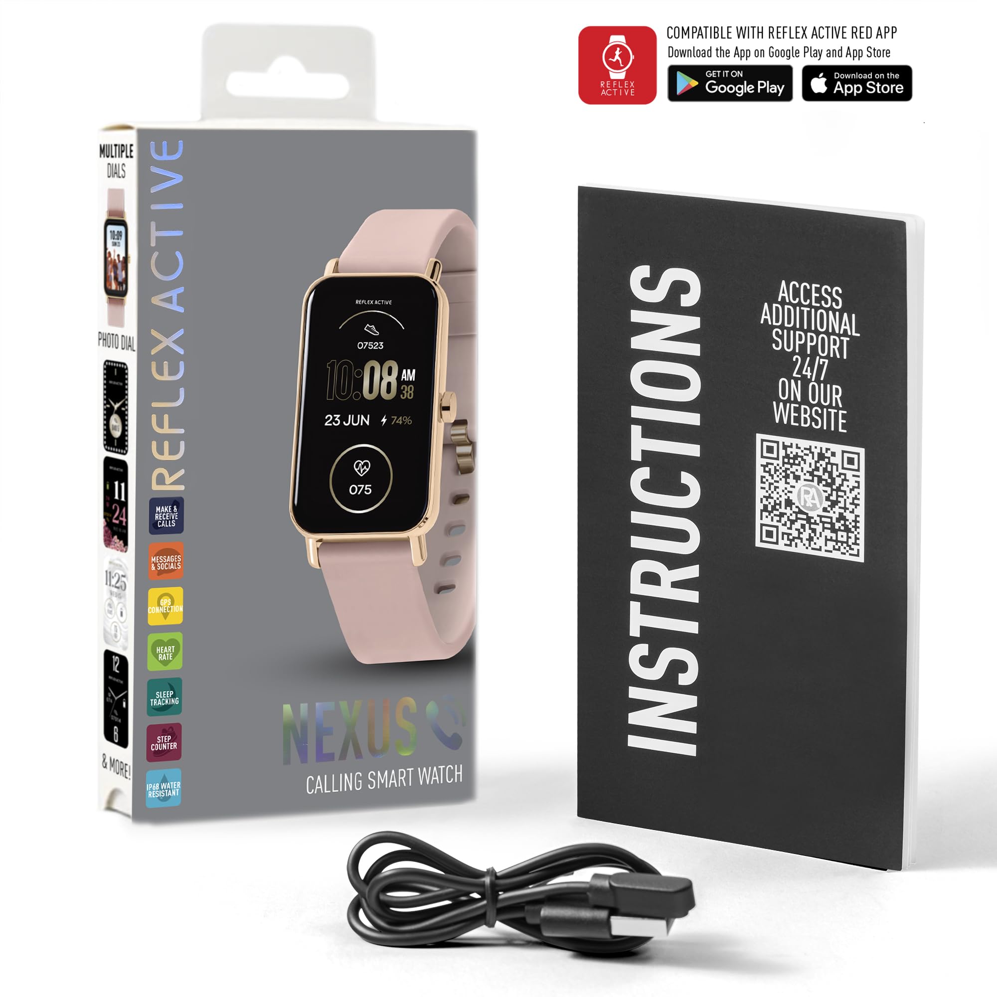 Reflex Active Różowy Nexus damski smartwatch 4,6 cm, funkcje wellness, połączenie GPS, sterowanie muzyką, tryby sportowe, monitorowanie tętna, kontrola tlenu we krwi, sterowanie muzyką, kompatybilny z