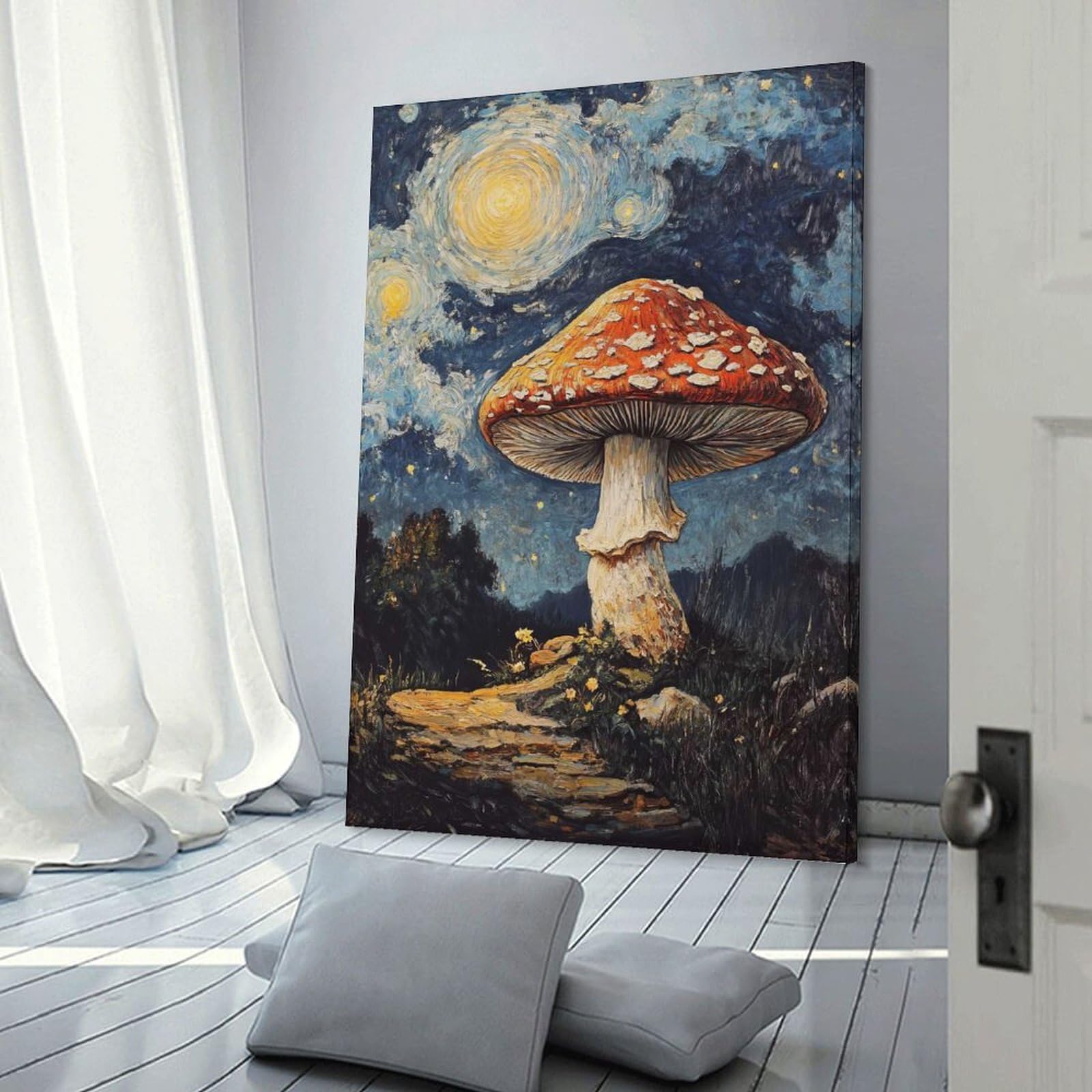 Junmoney Canvas Wall Decor Mushroom Under Starry Night, 24x36inch(60x90cm), for Flats, Guest Rooms Or Compact Rooms, Wall Decor with Flexible Room Appeal