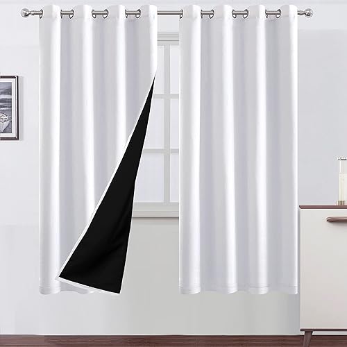 LEMOMO Cortinas 100% opacas de 52 x 72 pulgadas2 paneles con forro negro para oscurecer la habitación, cortinas blancas con aislamiento térmico para