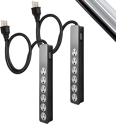 GE 54626 Protector de sobretensiones de 6 tomas, 2 unidades, cable de extensión de 2 pies, 450 julios, enchufe resistente, tapas de seguridad de