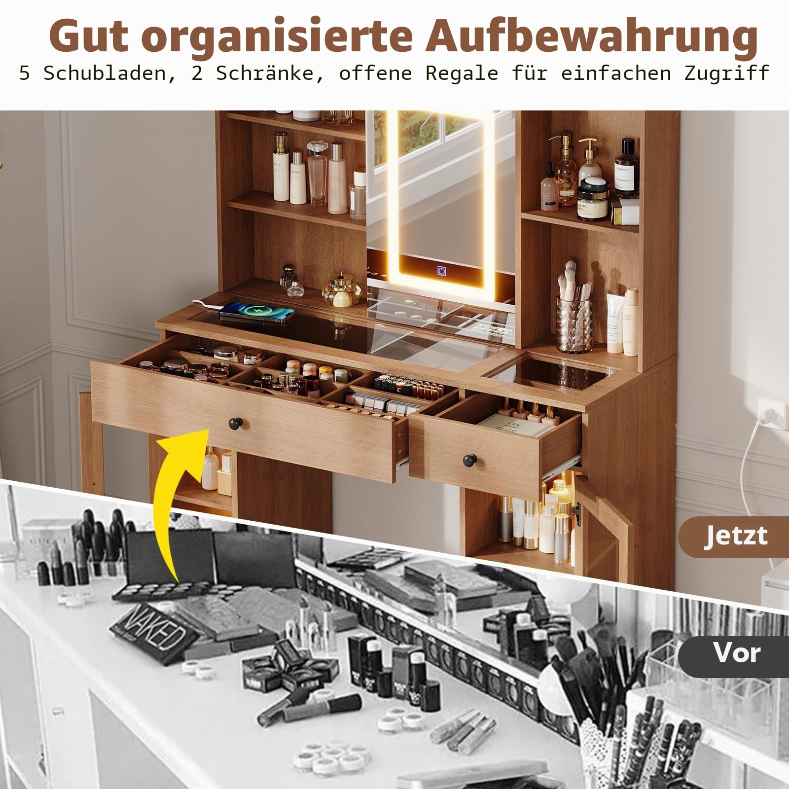 Schminktisch mit LED-Spiegel & Glasplatte, Beleuchteter Frisiertisch mit 3-Farben-LED, Schubladen, Glasvitrinen, USB/AC-Anschlüssen und kratzfester Oberfläche für den perfekten Beauty-Bereich