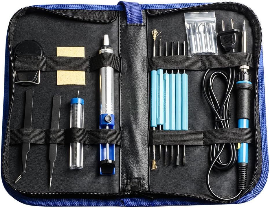 Wolfwhoop H3 Full Set 60W 110V Adjustable Temperature Welding Iron Electric Soldering Iron Kit with 5pcs Tips, 2pcs Tweezers, Desoldering Pump, Tin Wire Tube, Stand and 6pcs Aid Tools in Carry Bag