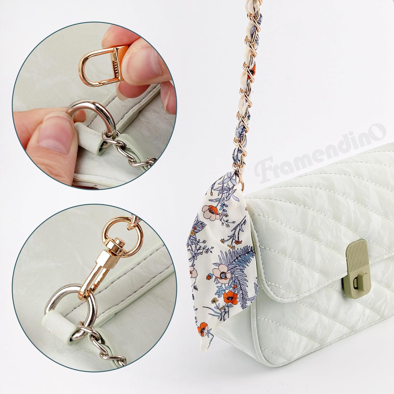 Framendino, Purse Straps Silk Scarf Metal Chain 47" Replacement Cross Body Strap Elegant Bag Decoration for DIY Shoulder (Apricot Floral) - Image 4