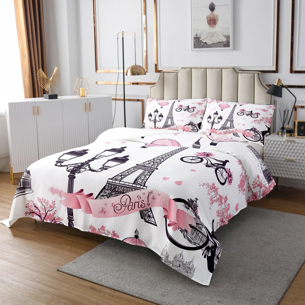 Erosebridal Eiffel Tower Bedding Set Paris Cityscape Coverlet Set King Size,Romantic Theme Decor for Adult Lady Couple Bedspread Dirt Bike Quilt Set,City Building of France Bedroom Decor Ivory Pink