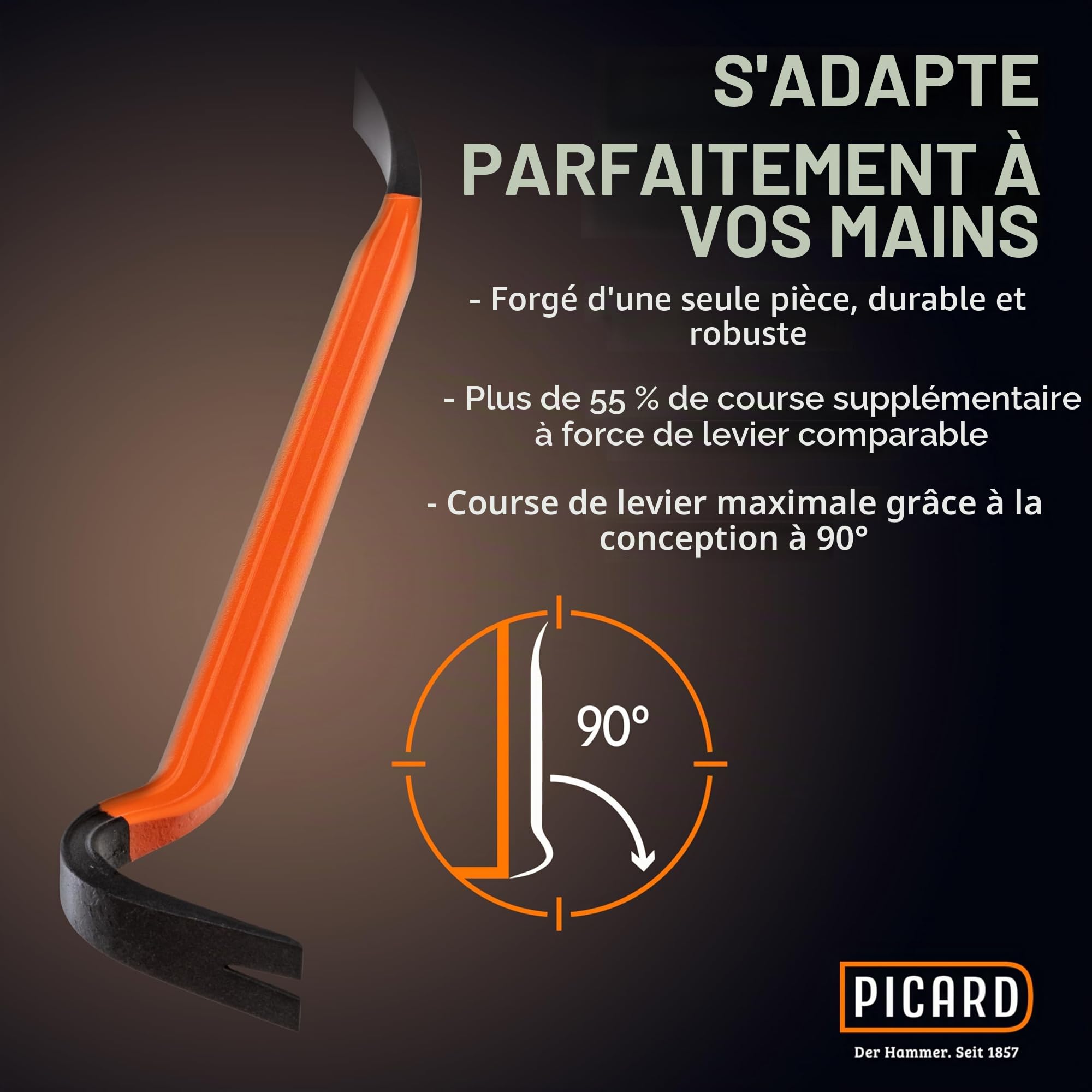 PICARD Pied de biche BlackGiant® 61 cm no. 46Z | Outil professionnel | Pieds-de-biche avec revêtement antidérapant | Levier durable | Mini pied de biche robuste forgé d’une seule pièce