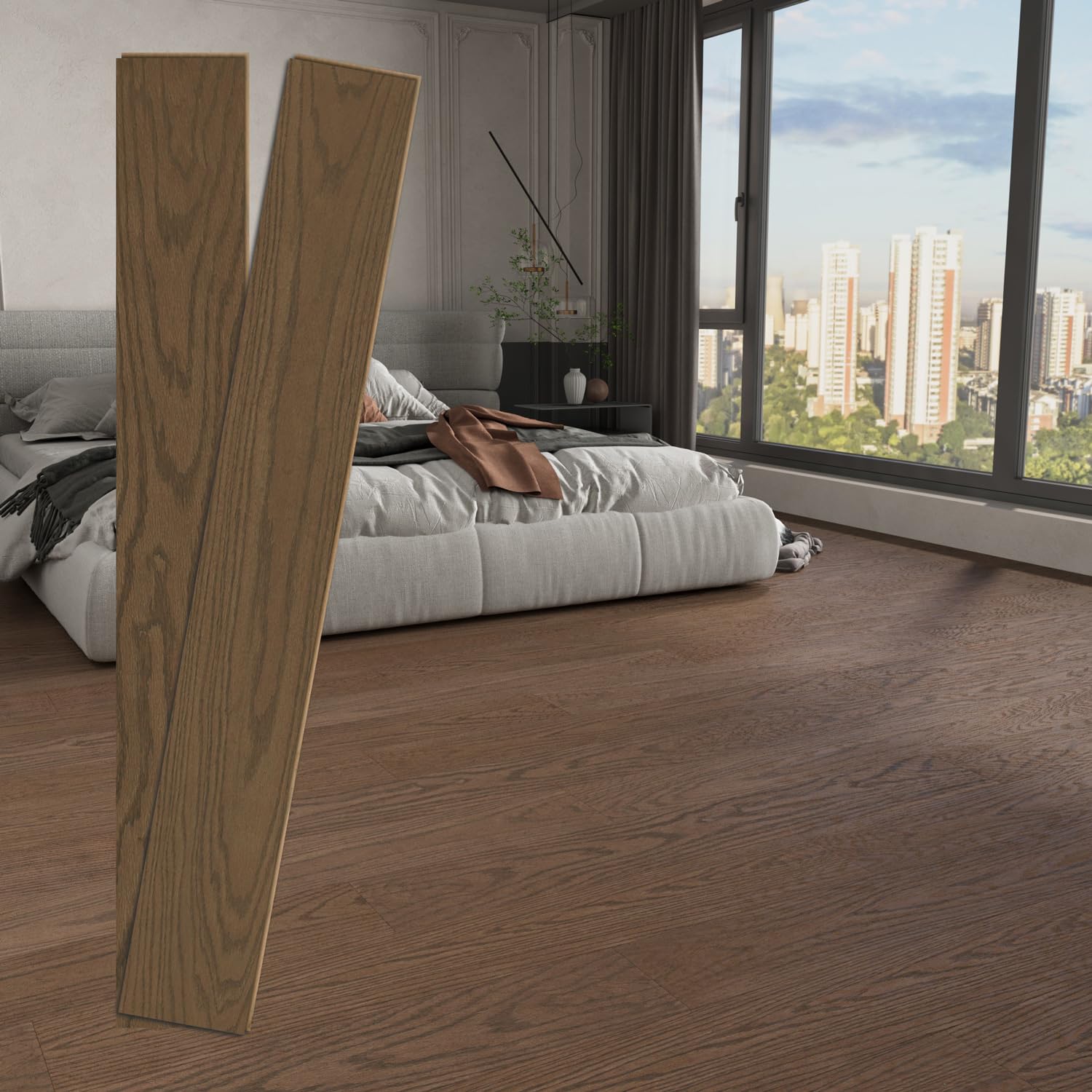Engineered Hardwood Flooring Sample, 47.64" L x 6.5" W x 0.59" T, Tongue & Groove Waterproof Wood Floor, 2 Planks (Covers 4.3 Sq Ft), Brown