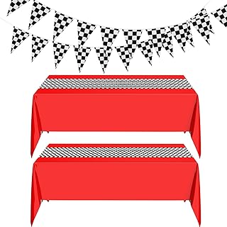 Irenare 4 Pcs Racing Car Party Decorations 2 Racing Car Birthday Tablecloths 2 Black and White Checkered Flag Banner Racetrack Table Runner Table Covers for Kids Boy Car Theme Birthday Party