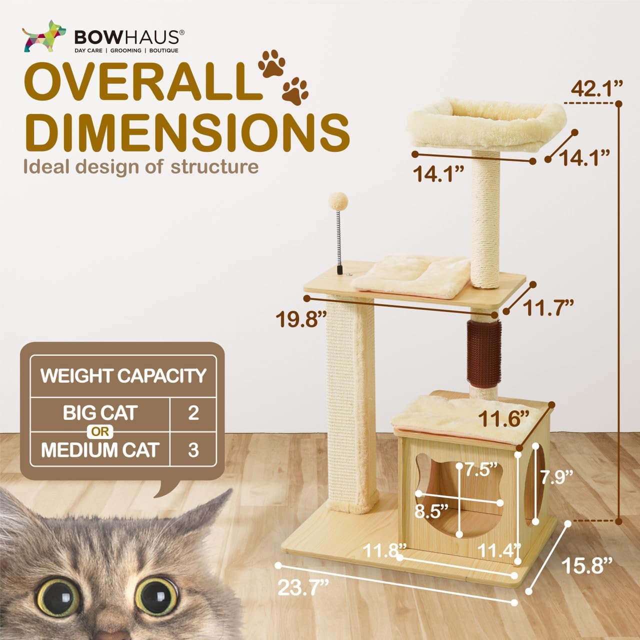CAPHAUS 42-Inch Multi-Level Cat Tree with Cat Cave Condo & Top Perch, Wooden Cat Tower for Indoor Cats with Grooming Tickler, Scratching Posts, Detachable Cushion, Interactive Balls