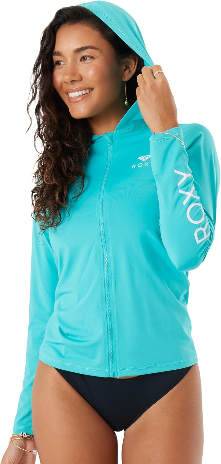 Roxy Women's Essential Long Sleeve Zip-up Hooded Rashguard – UPF 50+ Sun Protection Quick-Dry Rash Guard Swim Shirt, Teal, Small