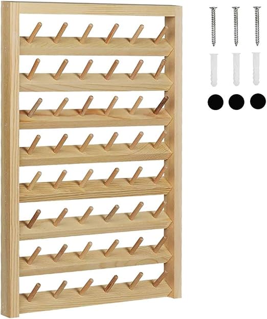 HAITRAL 48-Spool Sewing Thread Rack, Wall-Mounted Thread Holder with Hanging Hooks, Wooden Organizer for Quilting, Jewelry, Embroidery