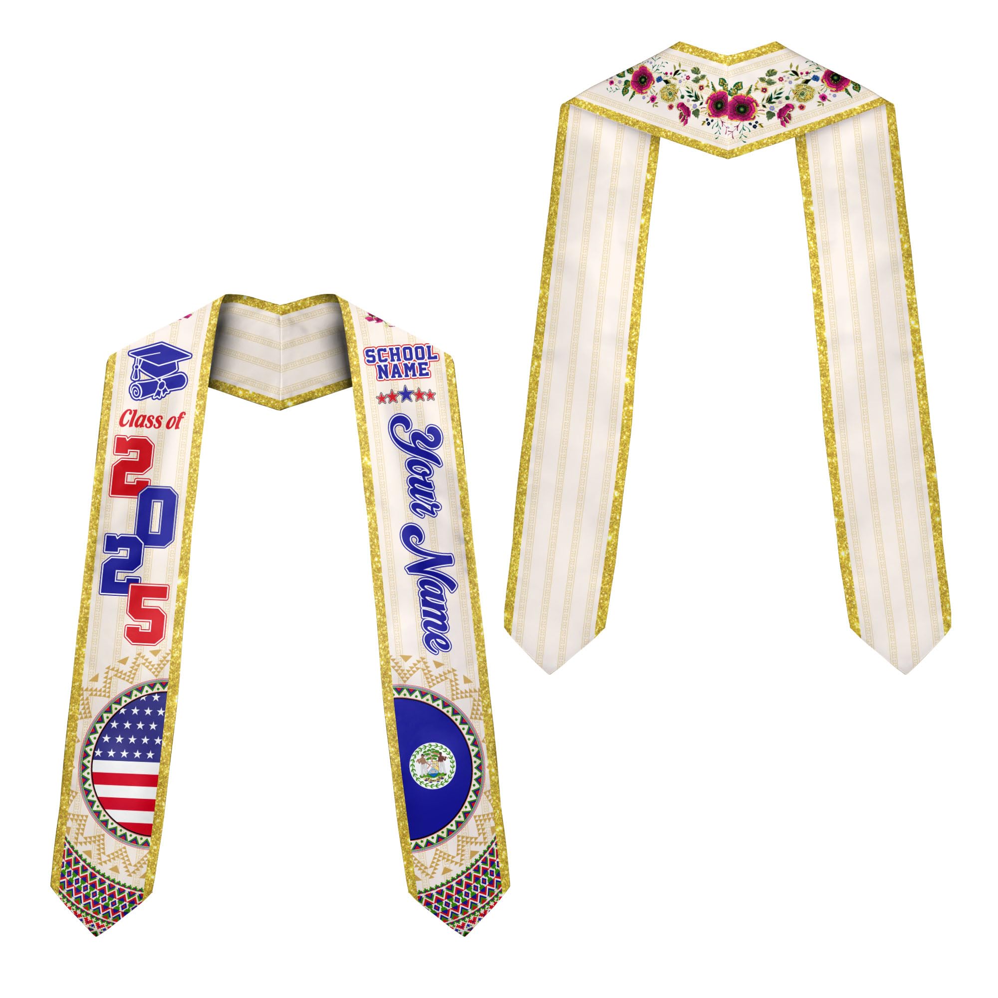 MonkeyVan Custom Belize Graduation Sash Belize Stole for Graduation Belize Flag Gift Graduation Sash Graduation Stole Bz9