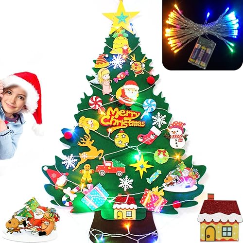 Decoraciones de Navidad, árbol de Navidad de fieltro para niños pequeños con parte ornamental, juego de árbol de Navidad en capas de 3.3 pies para