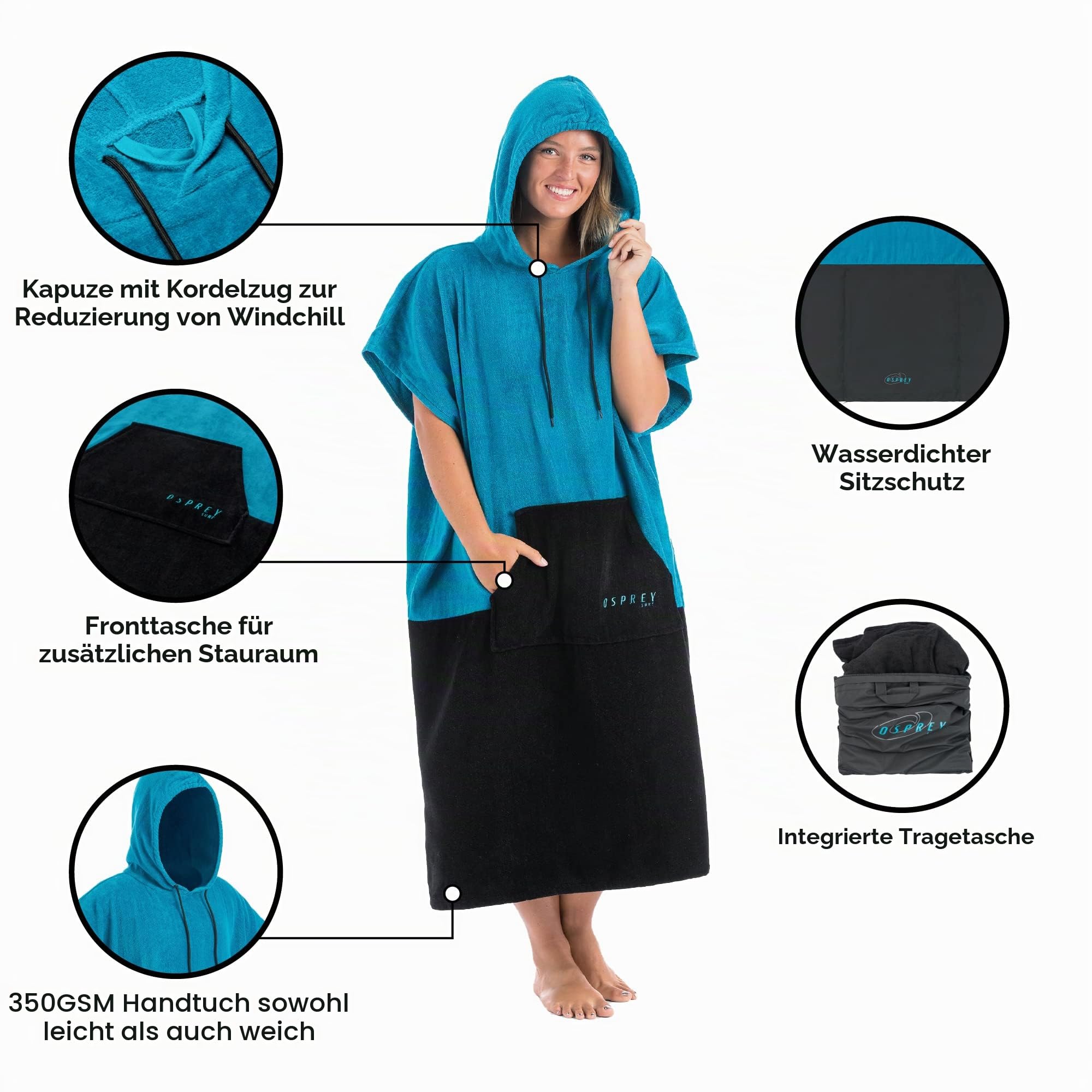 Osprey Handtuch Poncho | Unisex Kapuzen Surf Poncho Strand Wickelmantel für Damen und Herren Surfen Schwimmen mit integrierter Tasche mehrere Farben