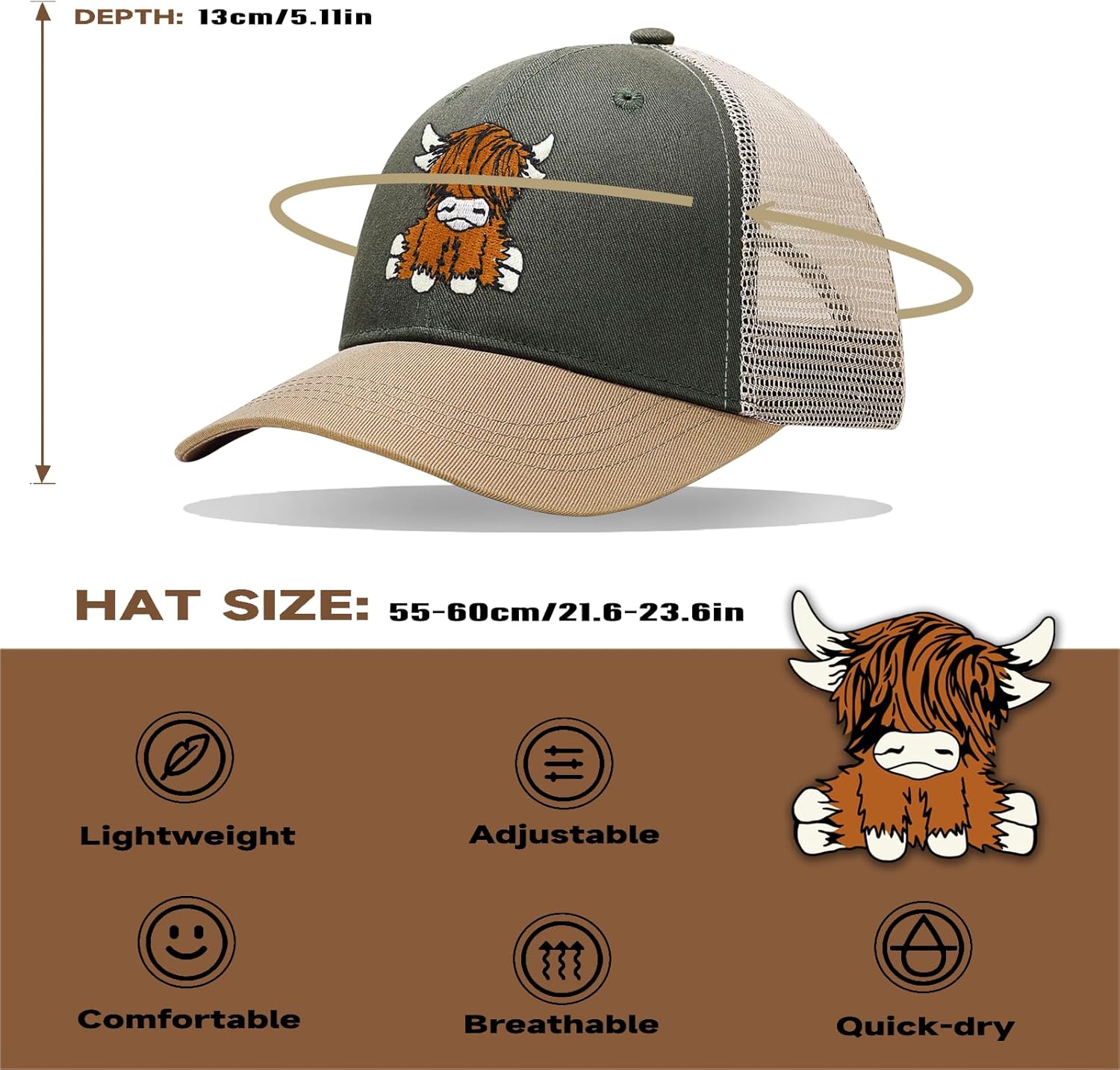 Scottish Highland Cow Hat, Cute Embroidery Mesh Baseball Cap Trucker Hats Highland Cow Gifts for Women Men - Image 4