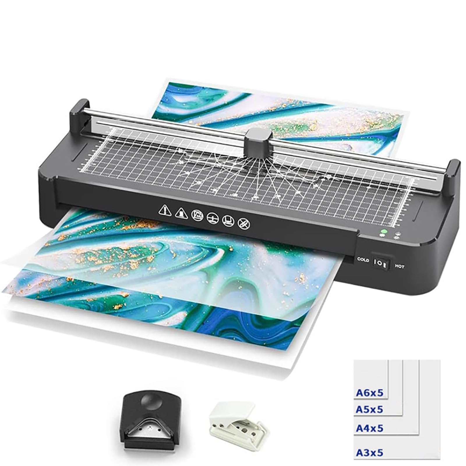 Plastificatrice A3 355 mm/min, plastificatrice termica da 13 pollici con impostazioni caldo freddo, taglierina carta incorporata, foratrice per angoli arrotondati, 20 buste (A3/A4/A5/A6) incluse