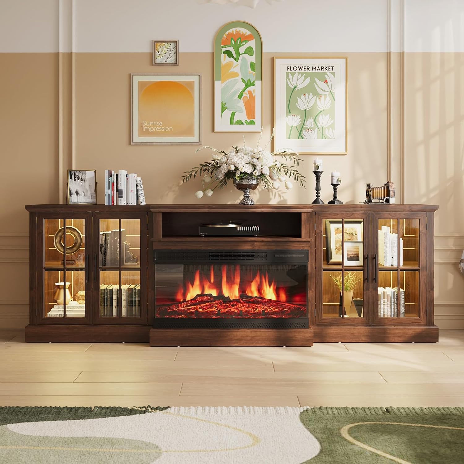 98" Farmhouse TV Stand with 36" Fireplace for TVs up to 100", Media Entertainment Center with Adjustable Shelves and Large Storage Cabinets, for Living Room, Brown & Black