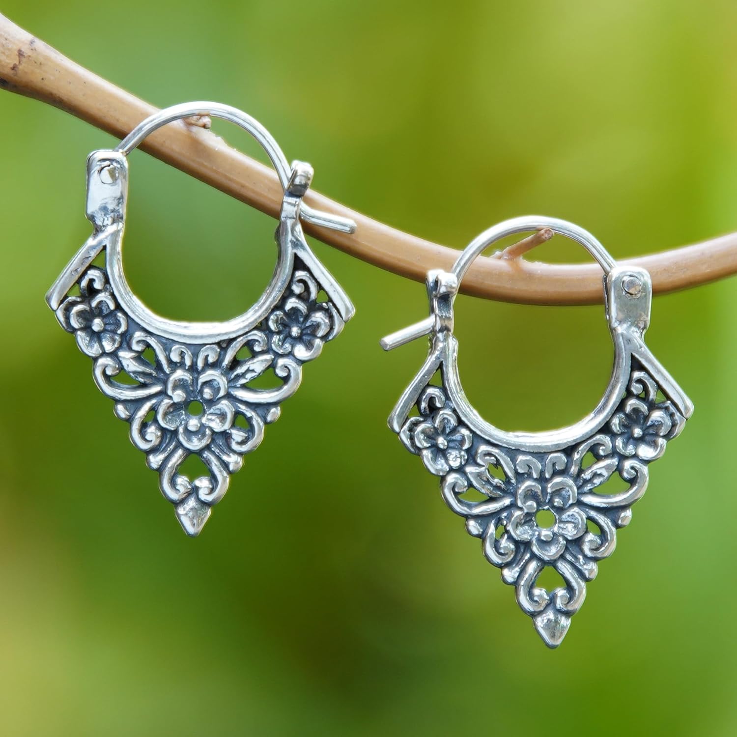 NOVICA Artisan Handmade .925 Sterling Silver Hoop | Floral Dangle | Jewelry Dangle Earring | Silver Traditional | Wirl For Women | French Wire Earrings