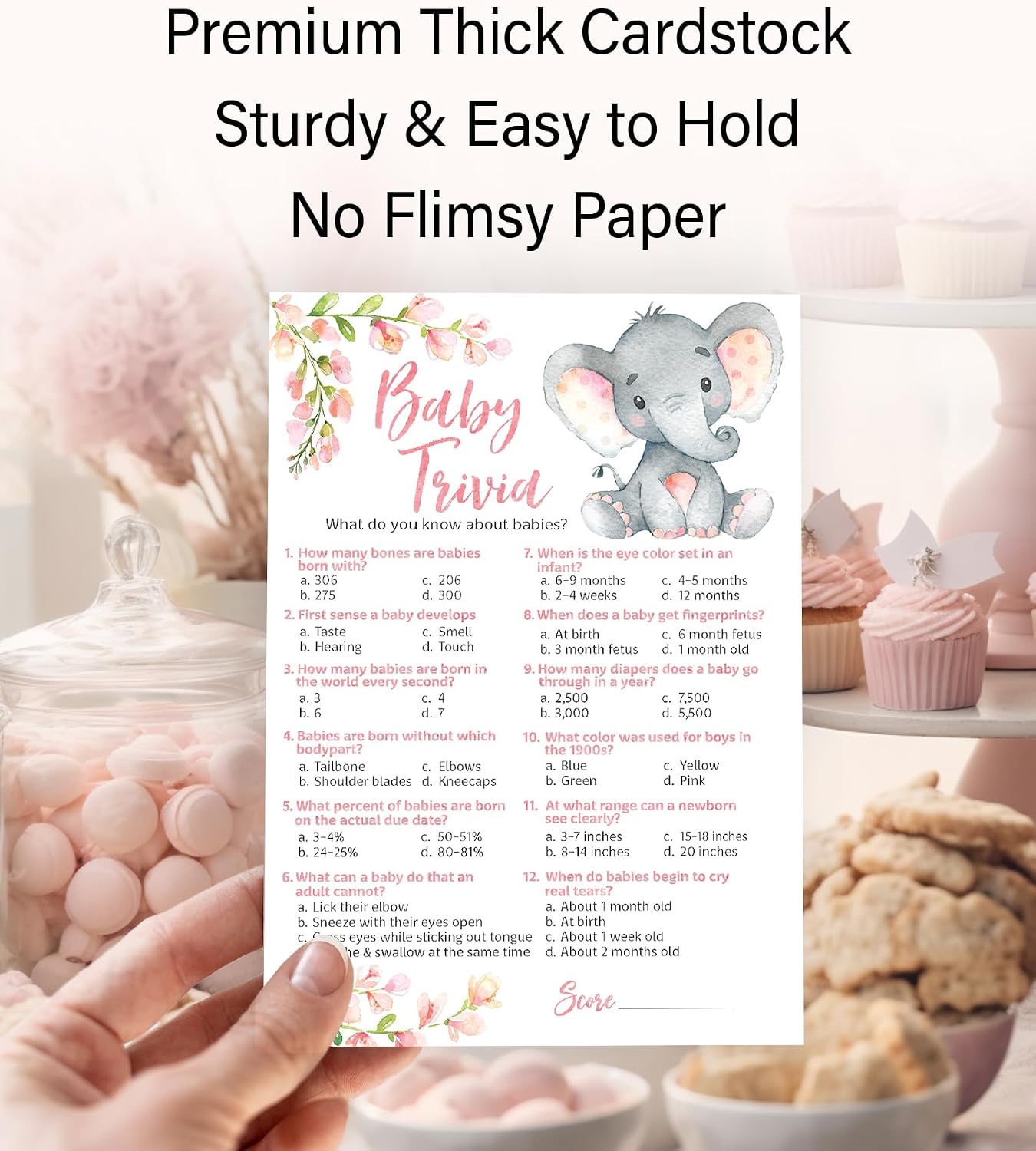 PINK ELEPHANT Baby Shower Game — BABY TRIVIA Game — Pack of 25 — Fun Baby Facts GIRL Baby Shower Games, Pink Floral Baby Elephant Baby Shower Activity, Little peanut Couples Shower G530-TRV