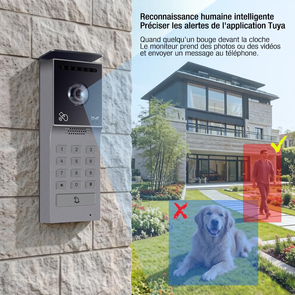 Visiophone Filaire Connecté à 2 Fils,Interphone Vidéo IP WiFi avec 7'' écran Tactile,Résolution 1080P,Unlock à Distance Via APP/IC Cartes,Audio Bidirectionnel, NO/NC Verrouillage de Porte