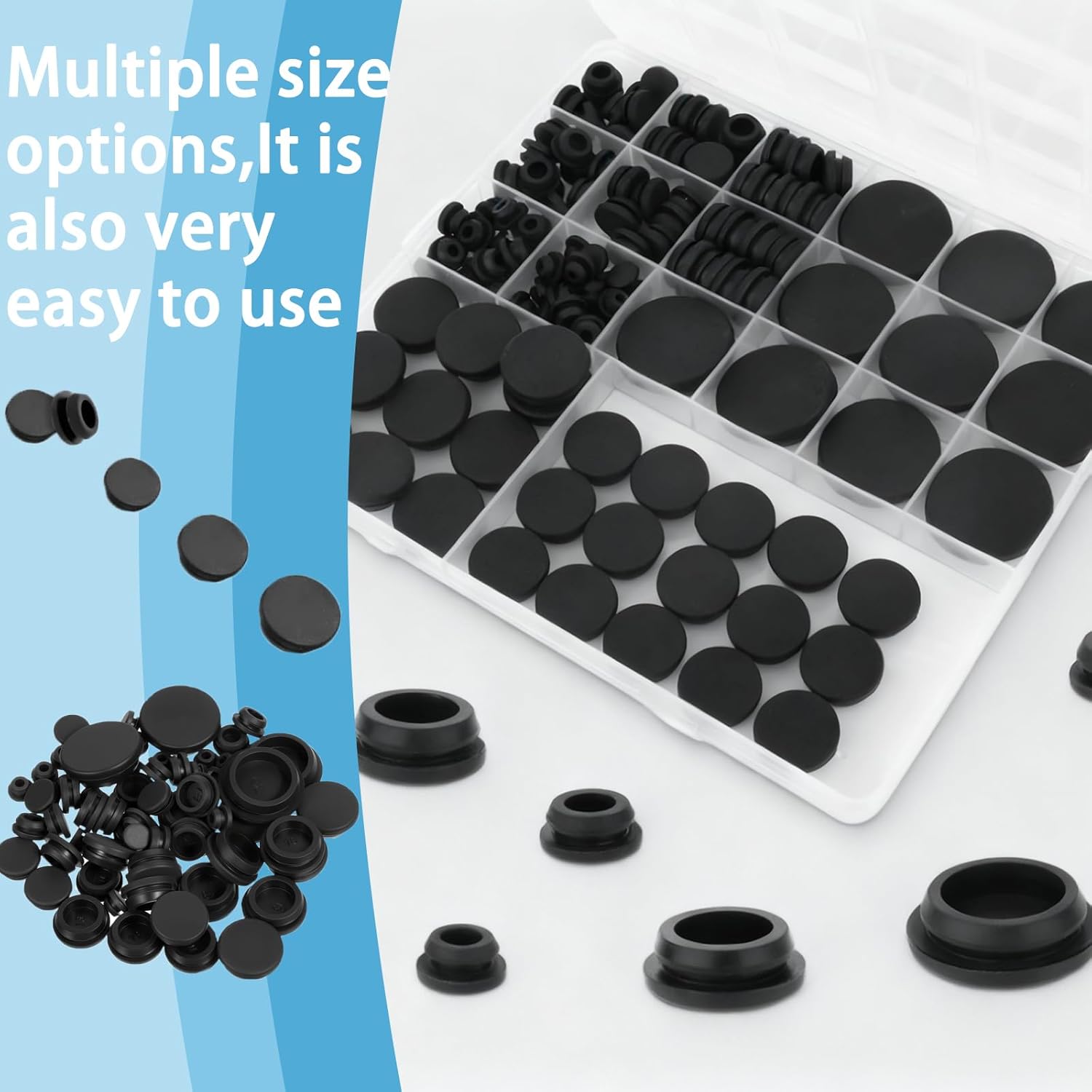 125Pcs Black Rubber Plug Box, Various Sizes of Round Hole Silicone Tool,Rubber Plugs for Round Holes,Holes Waterproof Flexible Silicone Stopper Suitable for Car Wiring Furniture