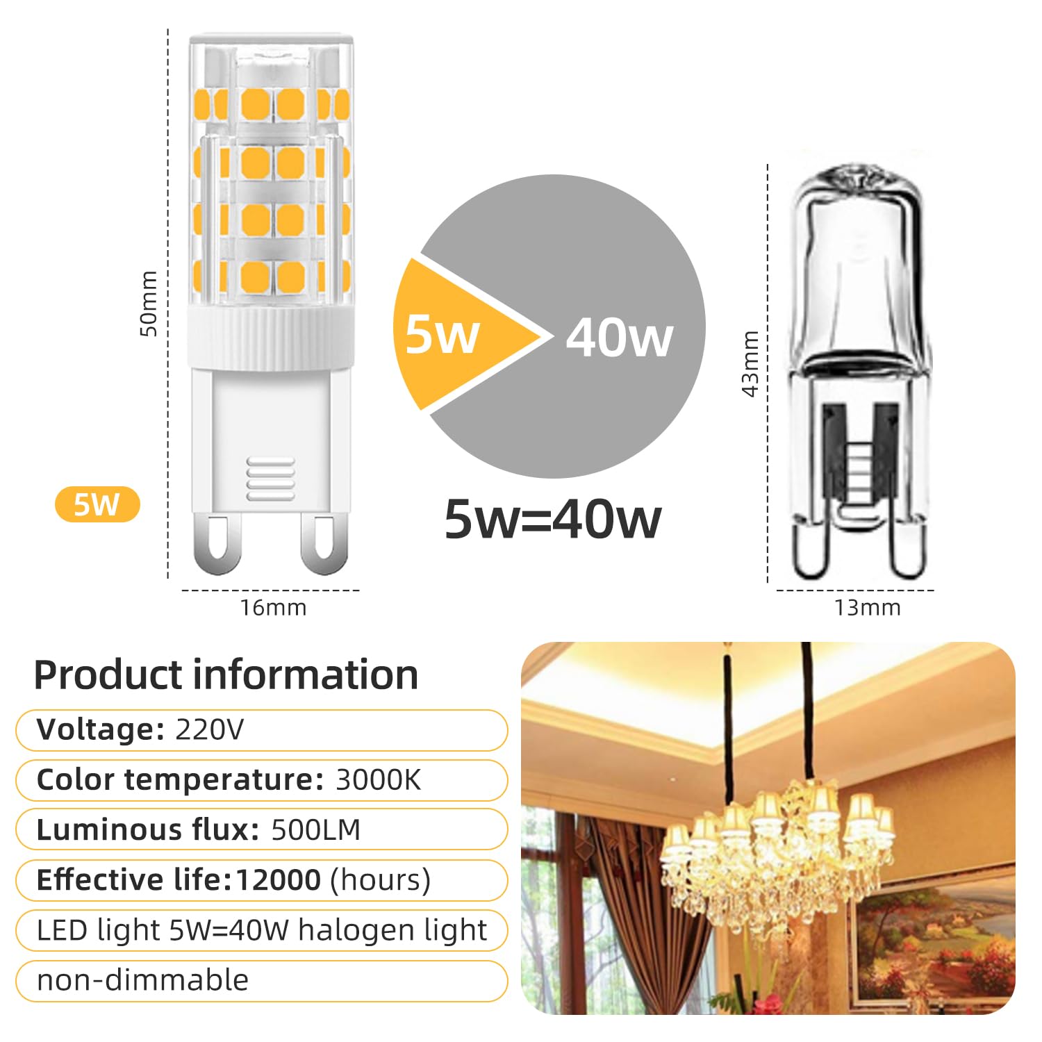 g9 ledLampadina G9 LED 5W (5 pezzi) Equivalente a 40 Watt G9 alogena 500LM 3000K Luce bianca calda 220V Senza sfarfallio Non dimmerabile Adatta all'illuminazione del soggiorno e della camera da letto.