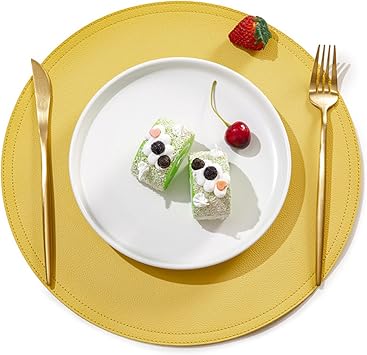 Round Placemats, Non-Slip Washable Placemat Heat Resistant Faux Leather Table Mat for Dining Table Set of 4/6/8 Color Yellow, Size Set of 4