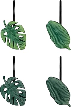Tropical Leaf Decorative Shower Curtain Hooks, Green Botanical Shower Curtain Rings with Black Hooks, Resin, Monstera Deliciosa Strelitzia Reginae Leaves Shower Curtain Hangers for Bathroom, Set of 12