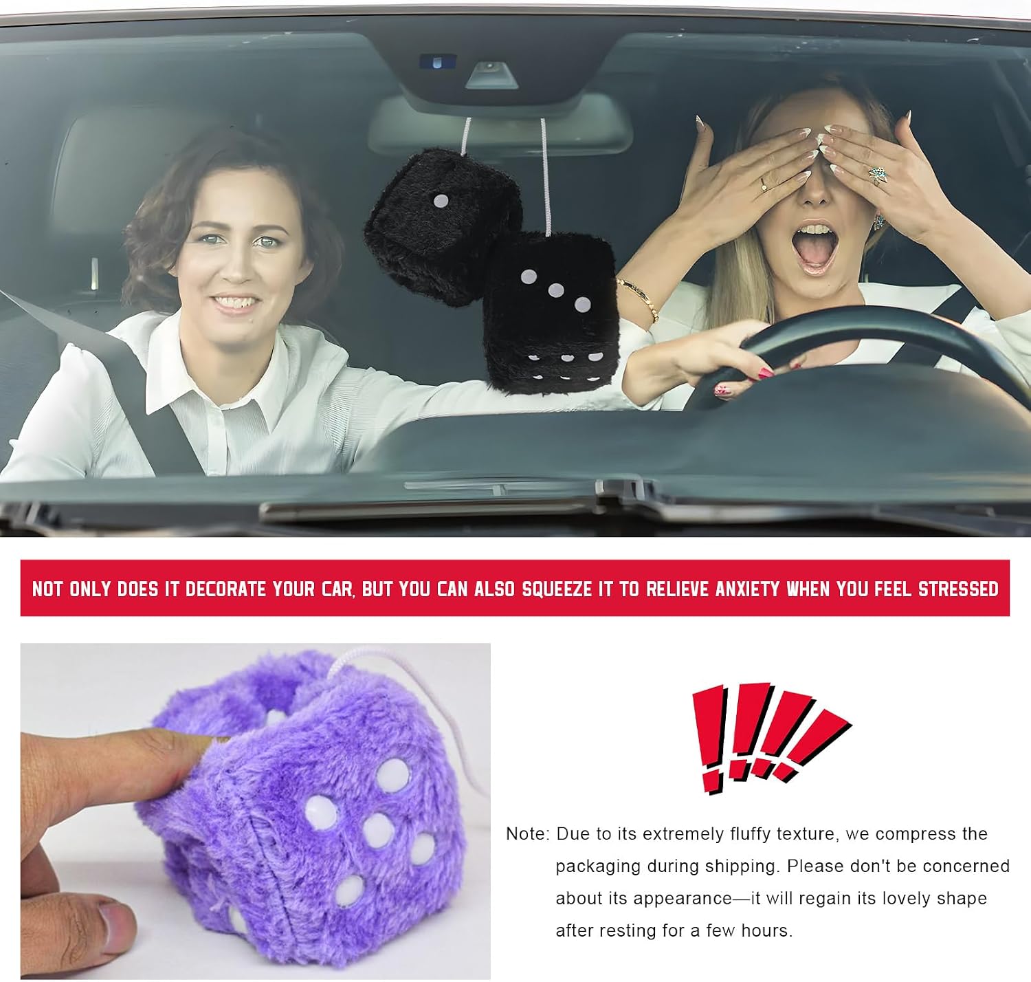 2PCS Fuzzy Plush Dice with Dots, 3" Retro Square Decoration Cute Rearview Mirror Pendant, Soft Plush Dice Classic Auto Interior Hanging Ornament for Women Men, Car Accessories (Black) thumbnail
