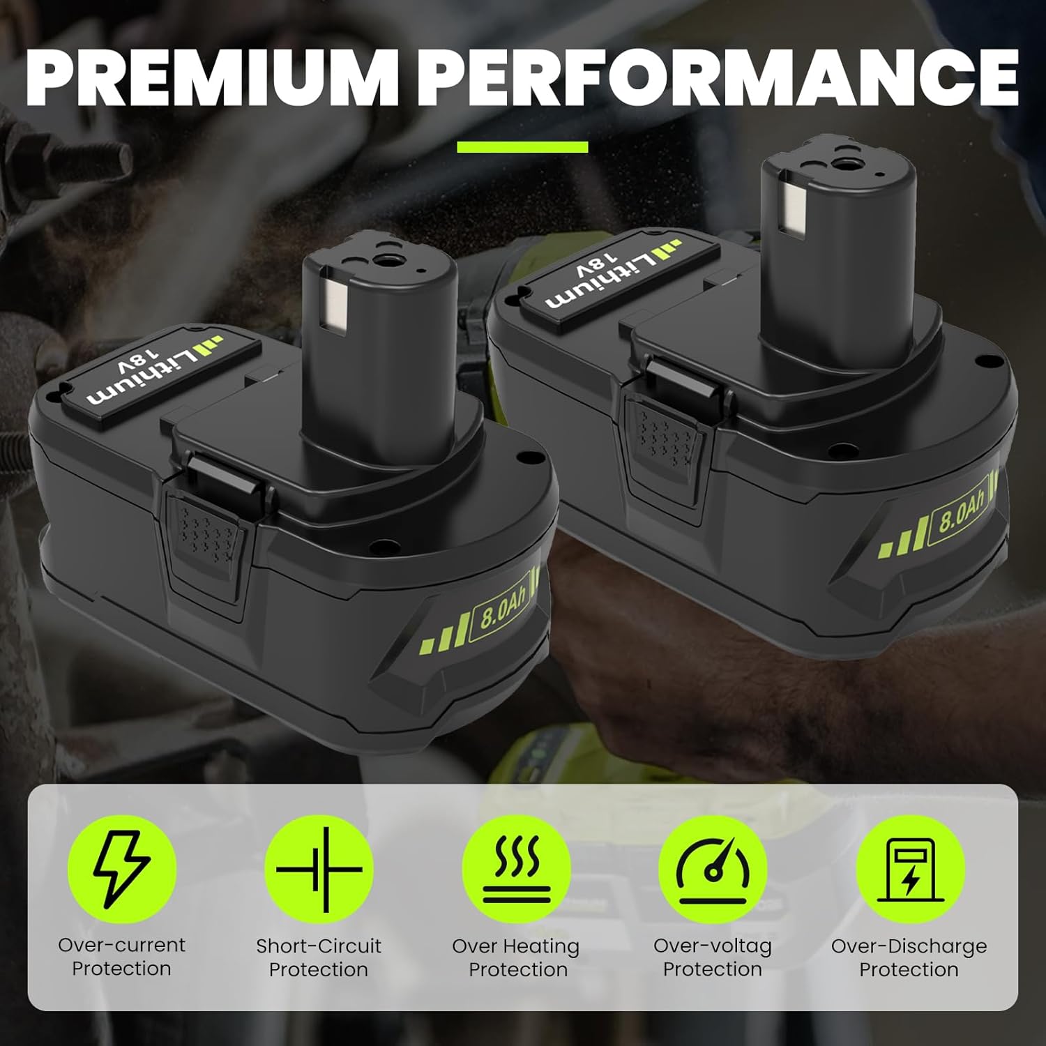 2 Pack Upgrade 8000mAh High Capacity P108 Replacement for Ryobi 18V Battery Lithium ion Compatible with Ryobi 18 Volt Battery P102 P103 P104 P105 P107 P108 P109 P122 Cordless Tool Batteries (Green) - Image 5