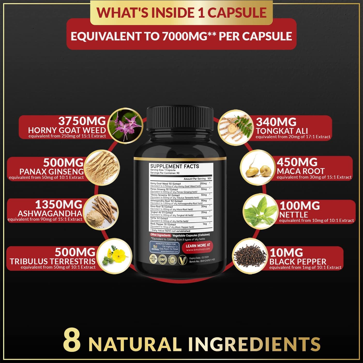 BMVINVOL Horny Goat Weed Capsules - 7000mg Herbal Equivalent - Maca, Ginseng, Tribulus Terrestris, Ashwagandha - Performance and Energy Support - 3 Months Supply : Health & Household