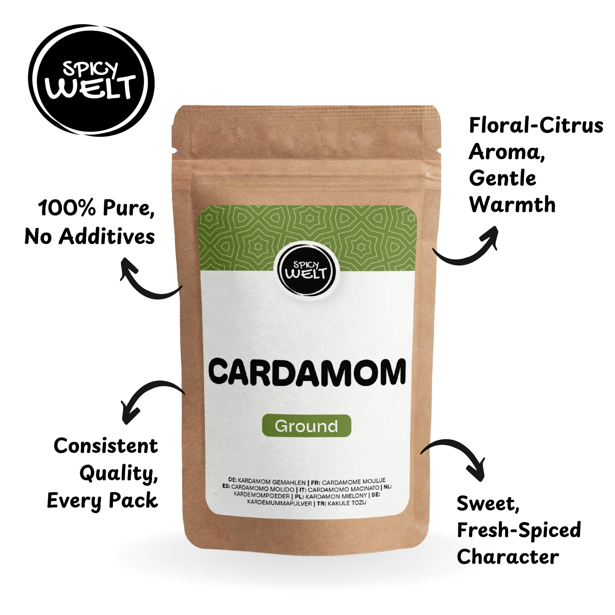Spicy Welt Kardamon Mielony (250g) – Kardamon w Proszku do Kawy, Ciast Drożdżowych, Drożdżówek, Owsianki i Deserów | Egzotyczny Cytrusowy Aromat | 100% Naturalny, Bez Dodatków