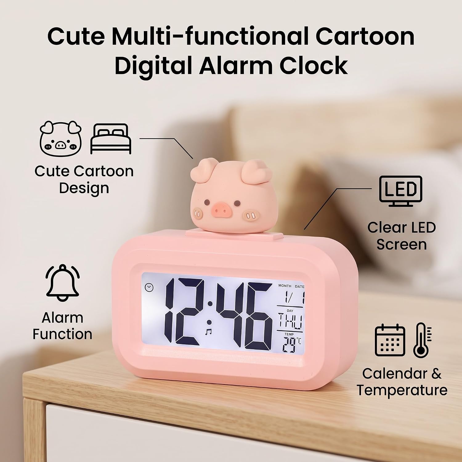 Piggy Cartoon Digital Alarm Clock, Large LED Display image 4