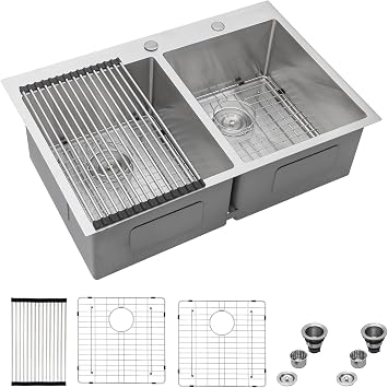 Mocoloo 33 Drop In Kitchen Sink Double Bowl 33 x 22 Drop Sink Double Bowl 50/50 T304 Stainless Steel 16 Gauge Topmount Handmade, 10 Inch Deep