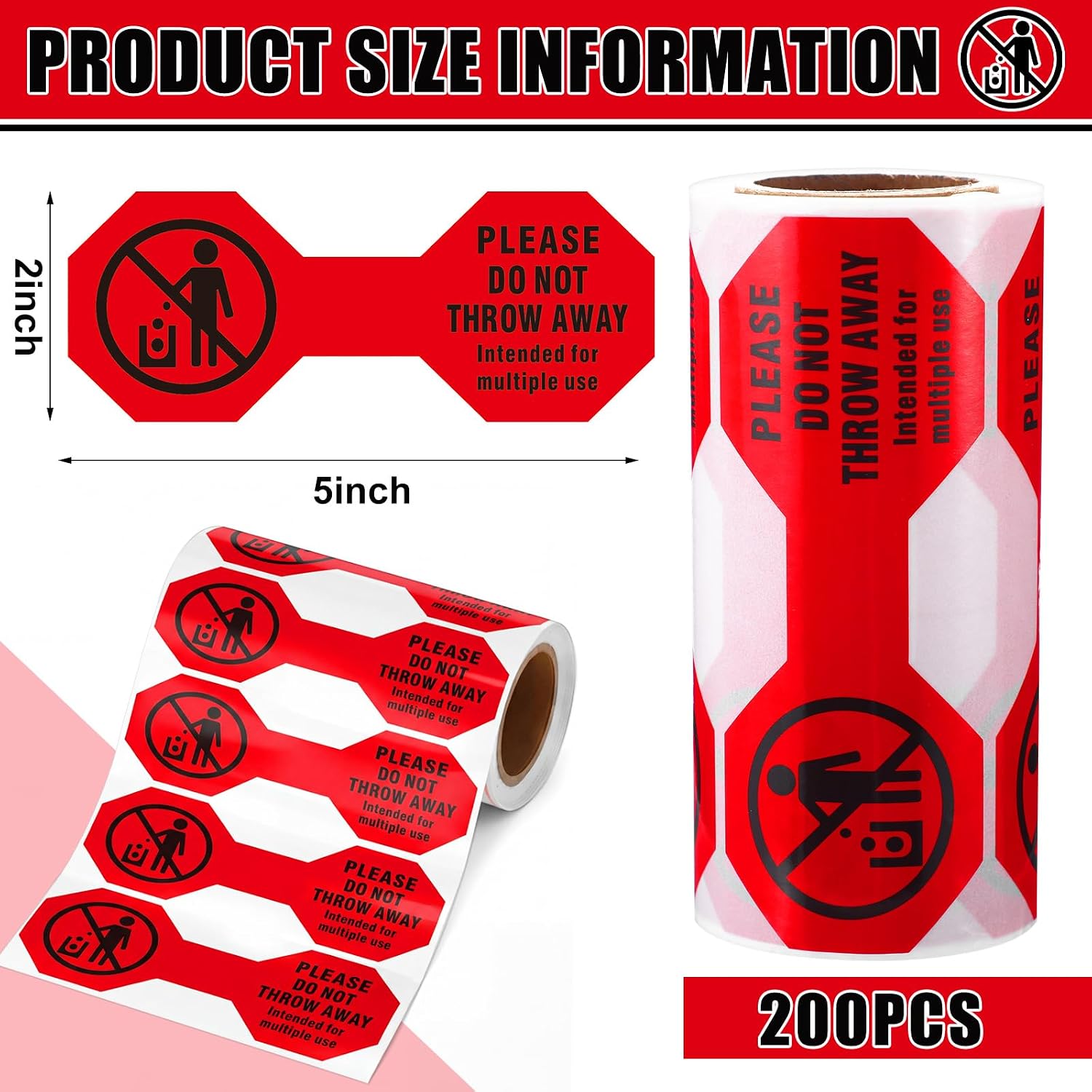 5" x 2" Please Do Not Throw Away Stickers Bulk 1 Roll of 200 Red Do Not Throw Away Labels Permanent Adhesive Stickers Wire Tags Warning Decals for Preventing Accidental Discard