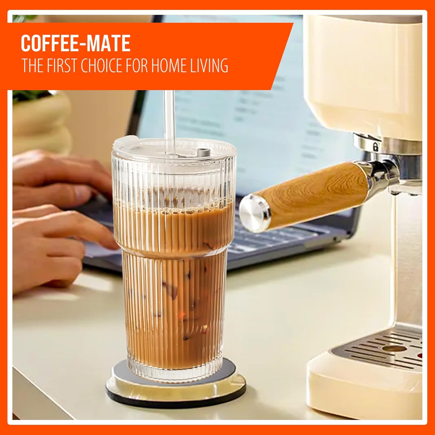 20oz Ribbed Glass Tumblers with Lids & Straws, Ideal for Iced Coffee, Cocktails & More - Includes Cleaning Brush - Image 5