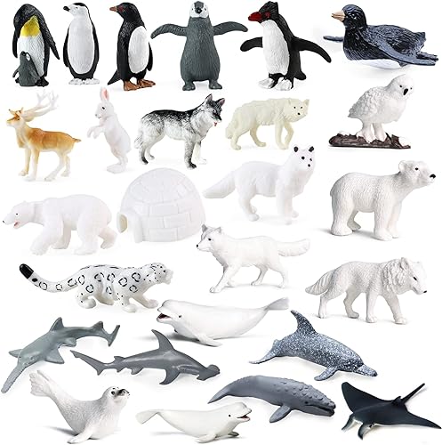 SIENON Paquete de 26 figuras de animales polares, mini figuras de animales marinos antárticos árticos de plástico, pingüino, oso polar, morsa, búho