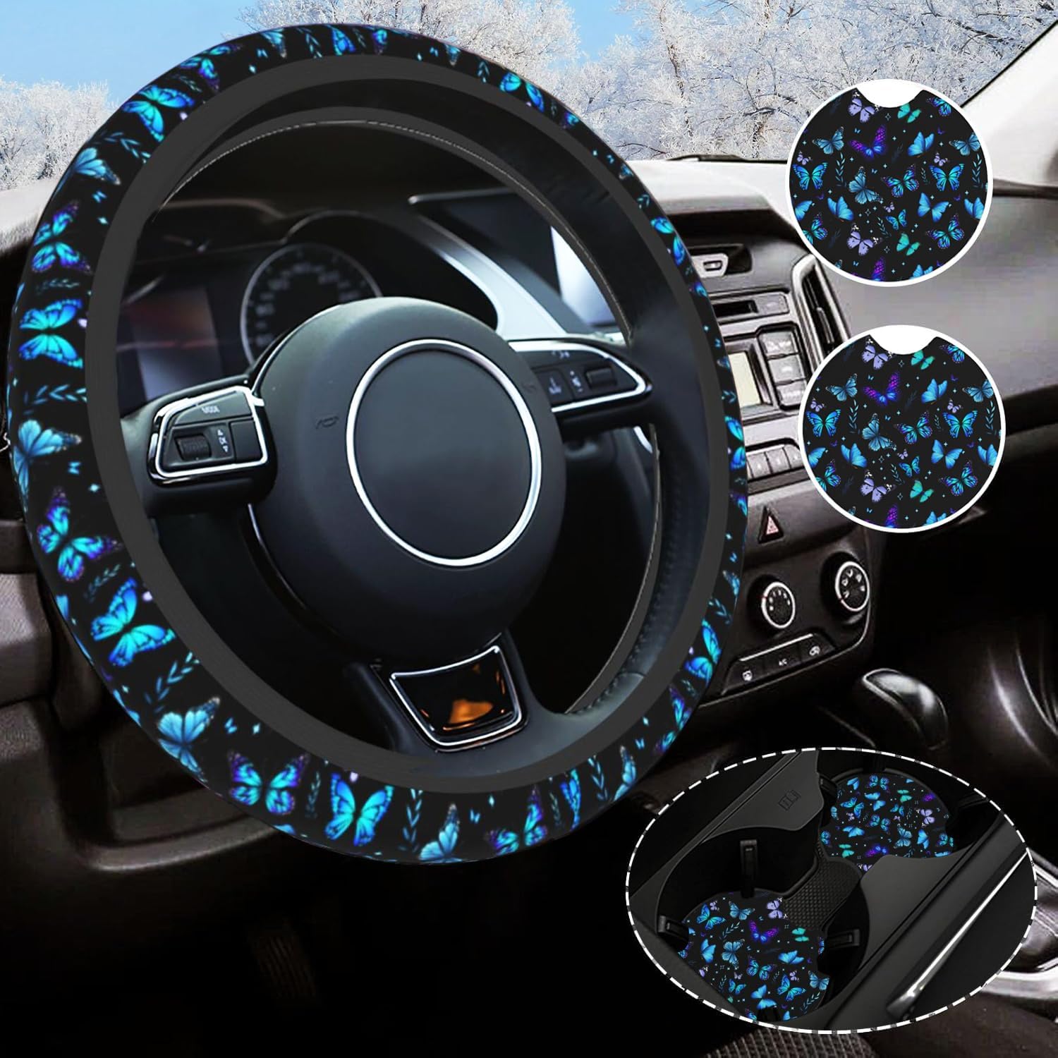 Butterfly Steering Wheel Cover Universal 14.5-15 Inch Non-Slip Butterfly Car Accessories for Women Men