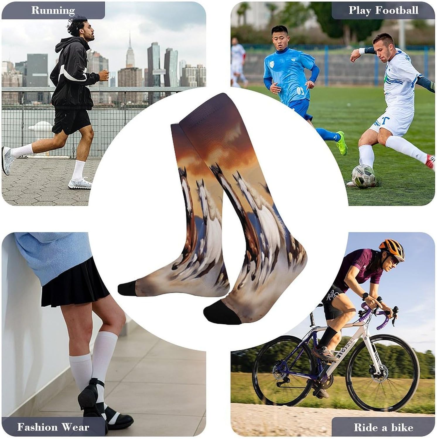 Running Horses Mid-Calf Socks Women Warm Knee High Socks Cozy Hiking Skiing Soft Boot Mid Calf Stocking Unisex