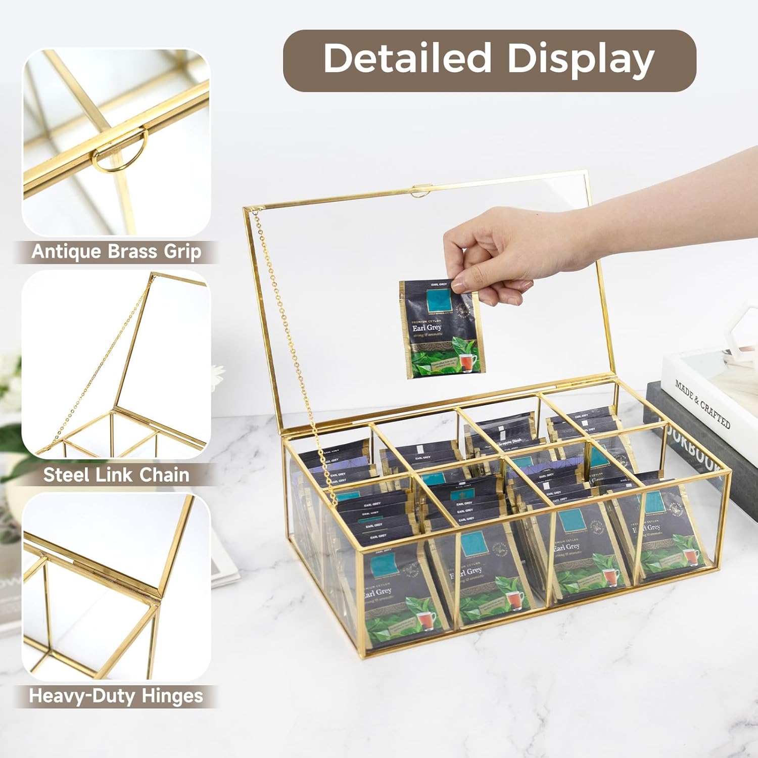 HighFree Gold Glass Tea Bag Organizer, Clear Storage Glass Box with Lid, Counter Top Collection Box for Tea, Surgar & Coffee Bags (8 Compartments)