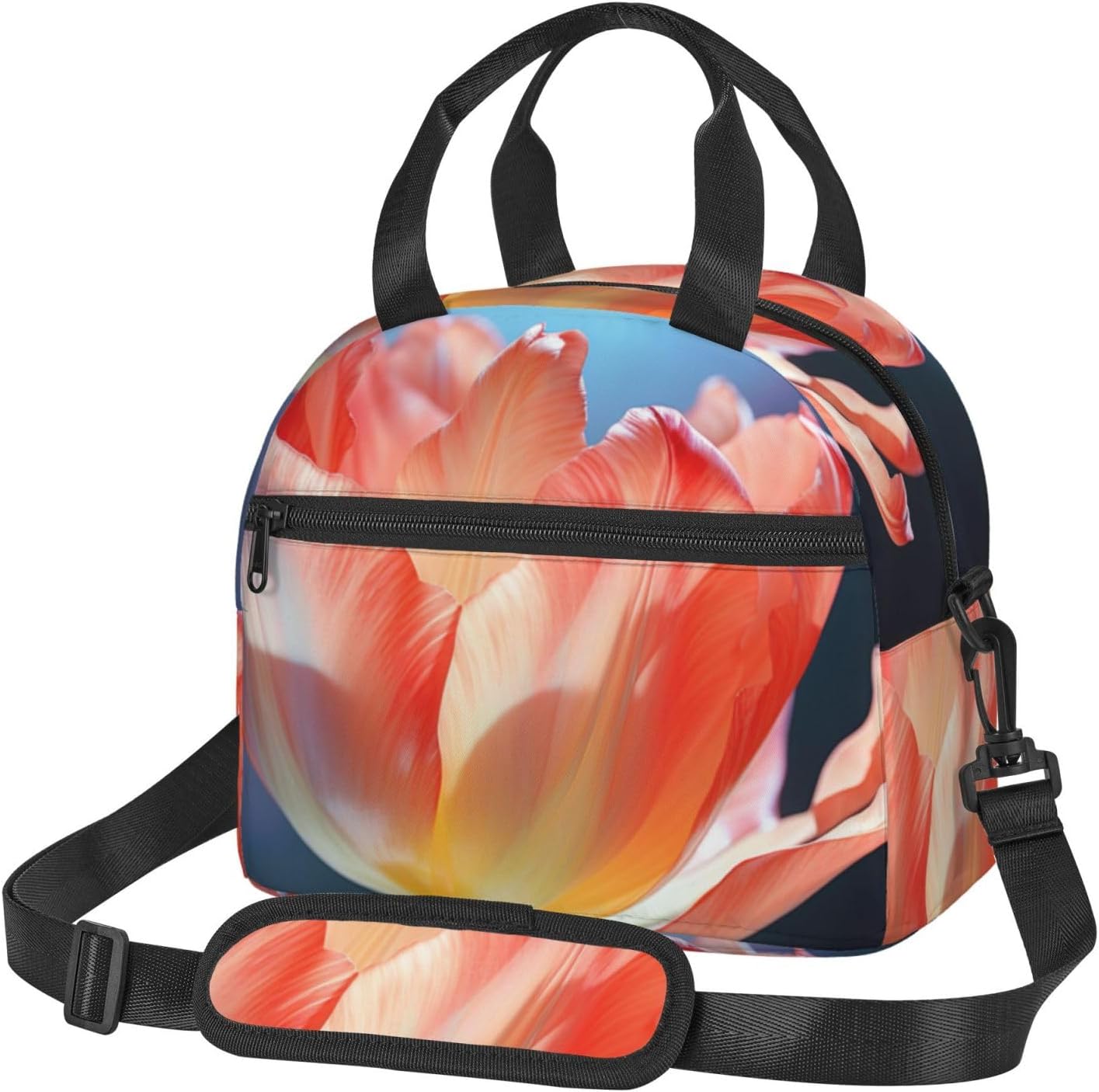 tulips Print Reusable Lunch Bag Insulated Lunch Boxes for Office Work Picnic Tote Bag Adjustable