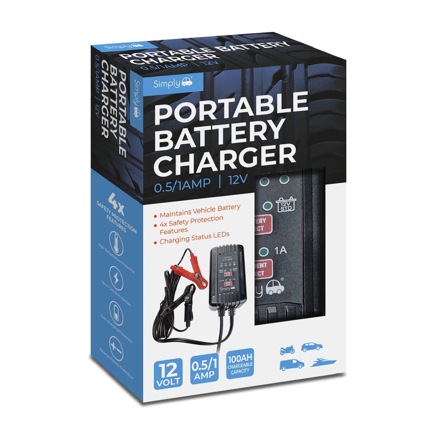 Simply BTC-4004 - Cargador de batería portátil de 0,5/1 A, 12 V, 100 AH, portátil, Ajustable y sin complicaciones, Apto para Todos los vehículos