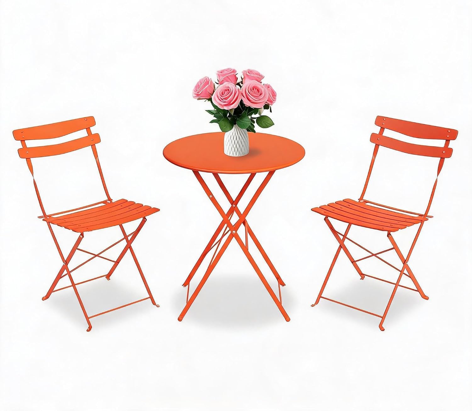 Aptliton 3 Piece Outdoor Patio Bistro Set, Folding Metal Table and Chairs Set for Balcony Garden, Weather Resistant Small Outside Furniture, Space Saving Orange