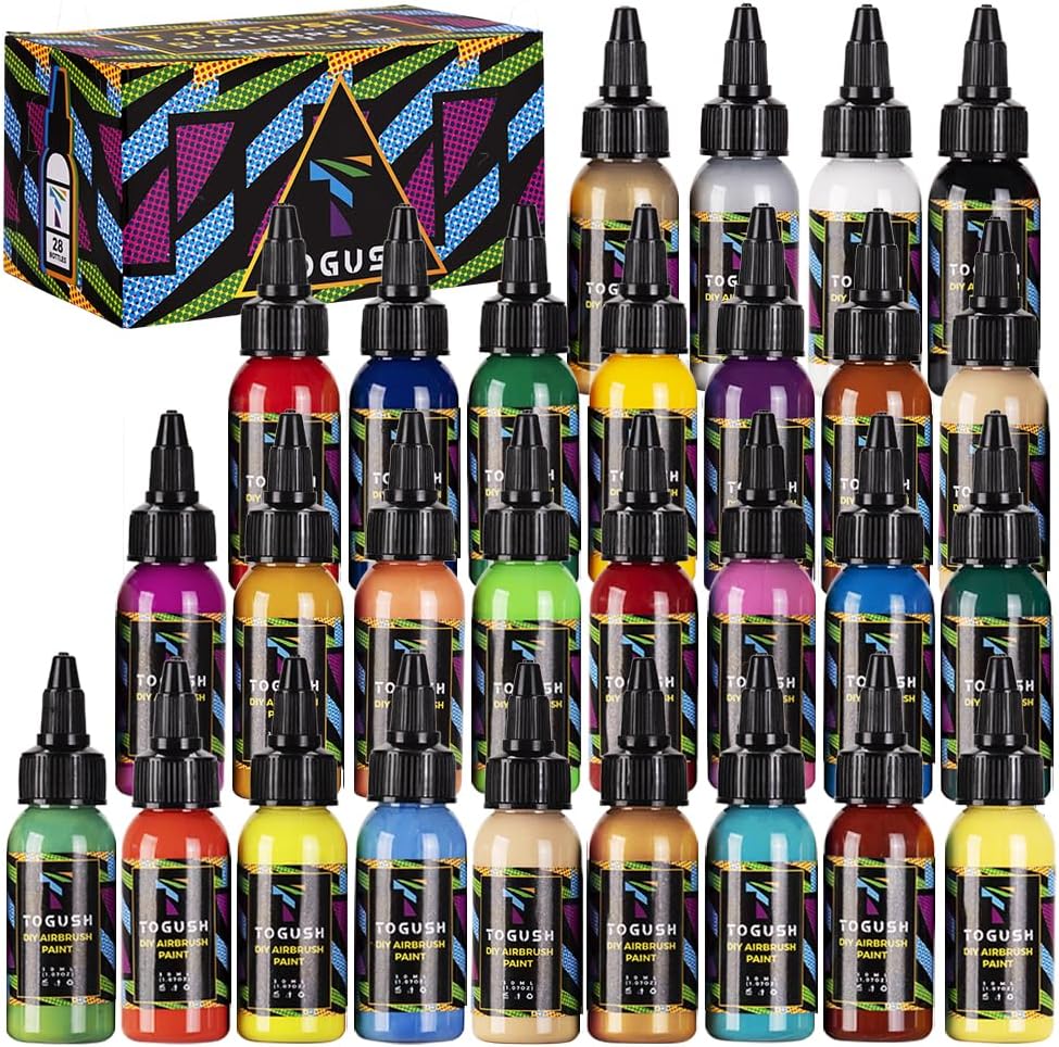 Airbrush Acrylic Paint Set 28 Colors Non Toxic Water Based Paints 30ml/1.07oz for Canvas Glass Wood Matte Quick Drying Ready to Spray for Hobby Miniature Model