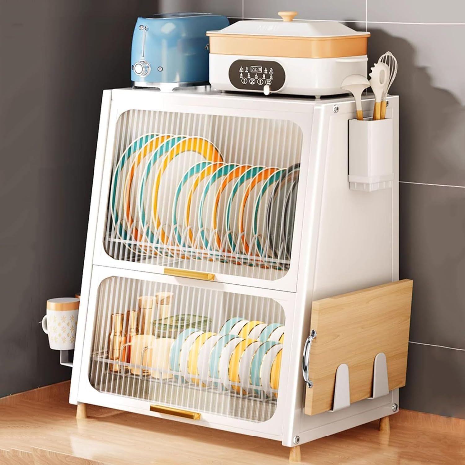 Kitchen Pantry Sideboard, Freestanding Countertop Dish Storage Cabinet with Drainage Board Space Saving Acrylic Cabinet Door for Spice Seasoning Bottles, Dish, Bowl, White